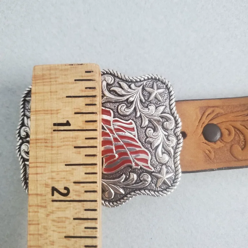 Nocona American Flag Belt Buckle and Justin Belt Size 24 Youth Western USA